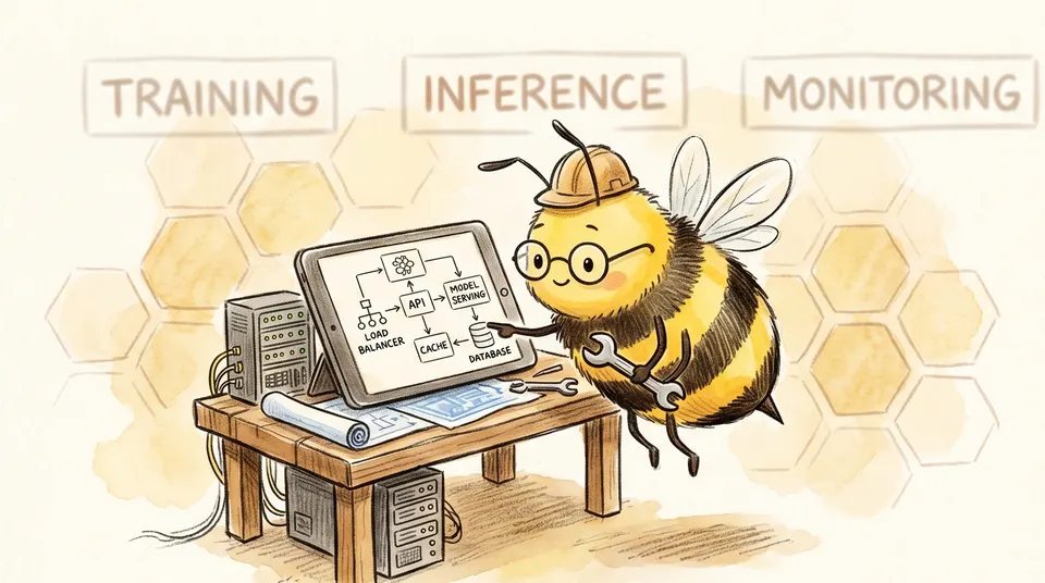 The bee for Machine Learning System Design Interview, drawn at a desk