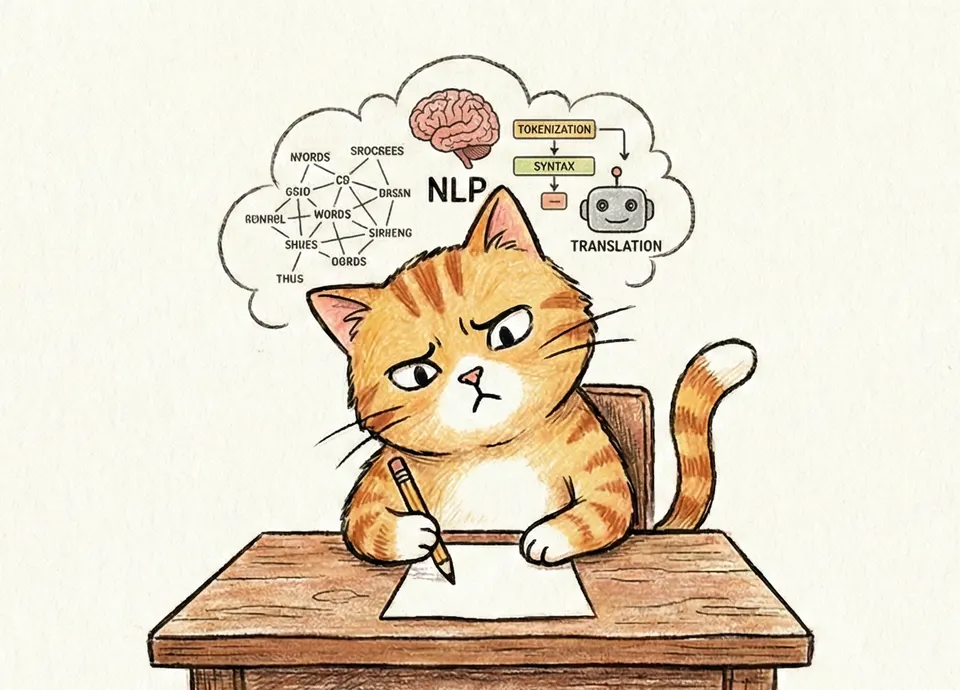 The cat for Advanced NLP Interview Questions, drawn at a desk