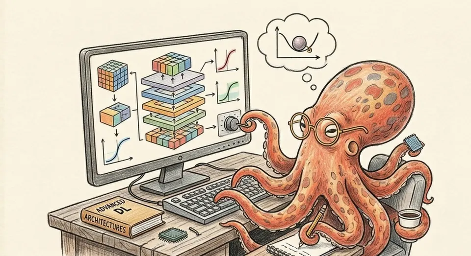The octopus for Advanced Deep Learning Interview Questions, drawn at a desk