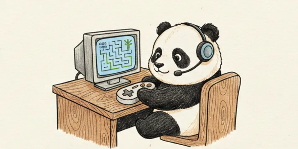 The panda for Advanced Reinforcement Learning Interview Questions, drawn at a desk